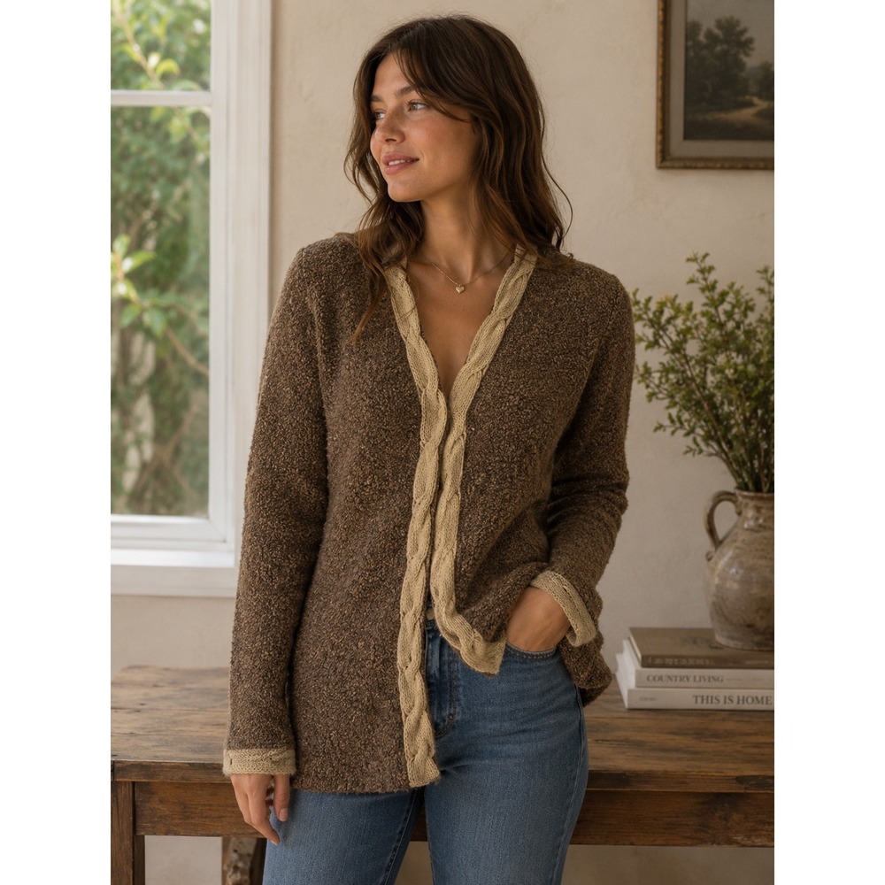 Charlotte Russe Brown Bouclé Cardigan Sweater Cable Trim Cozy Cottagecore M